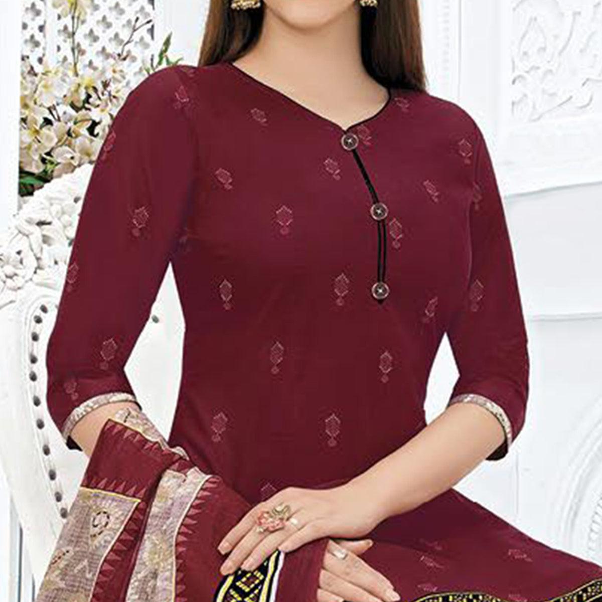 Maroon Printed Pure Cotton Stitched Patiala Suit - Peachmode
