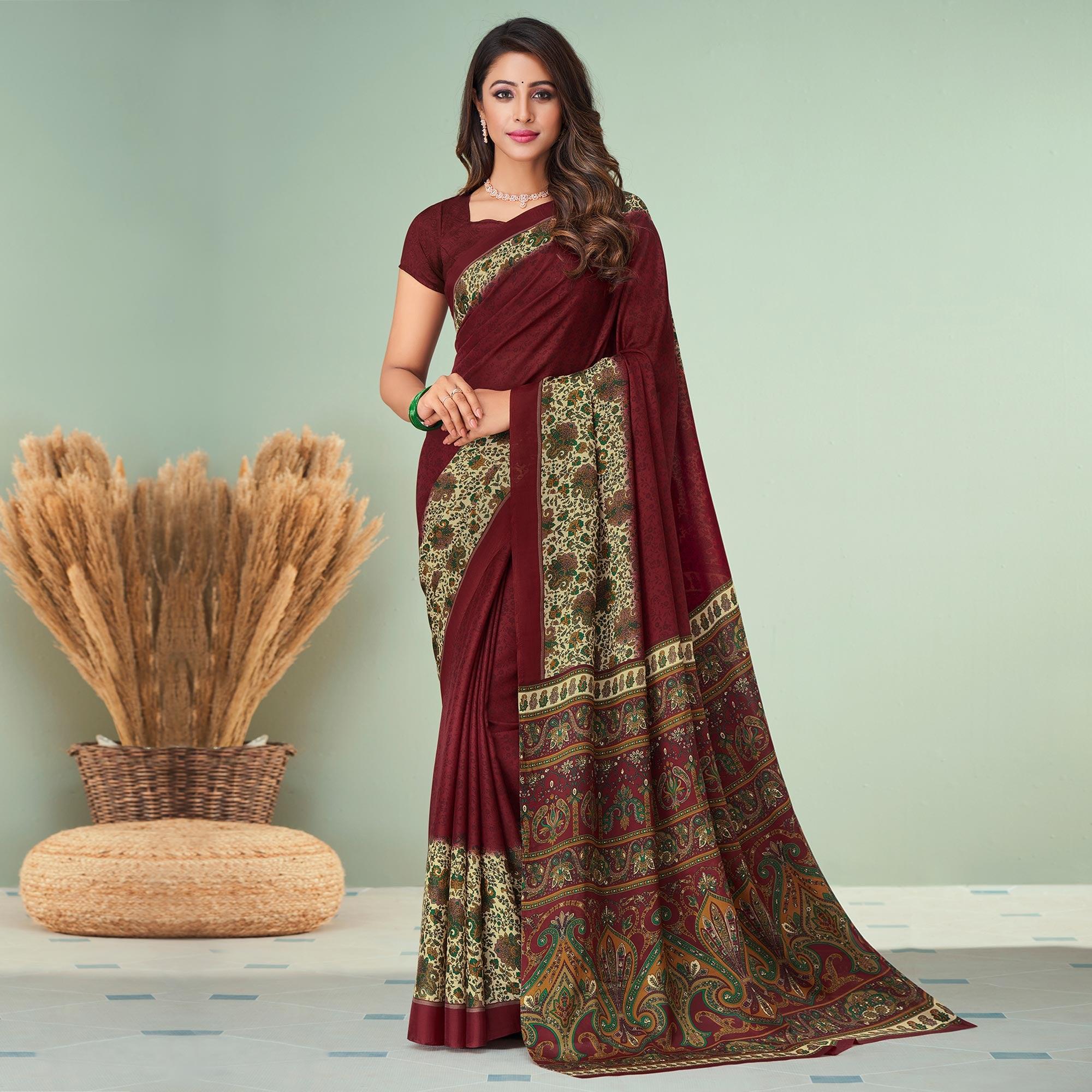 Maroon Printed Raw Silk Saree - Peachmode