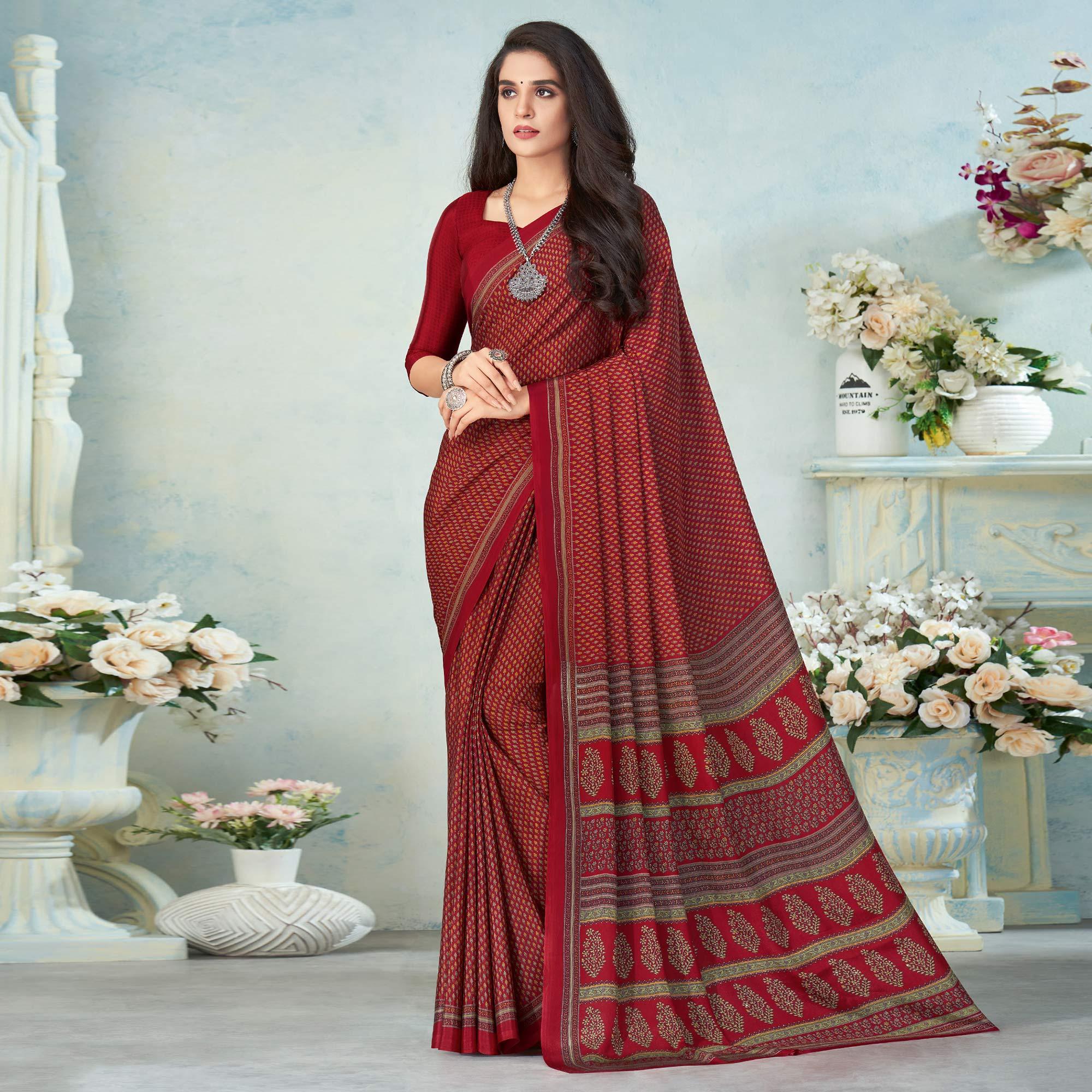 Maroon Printed Raw Silk Saree - Peachmode
