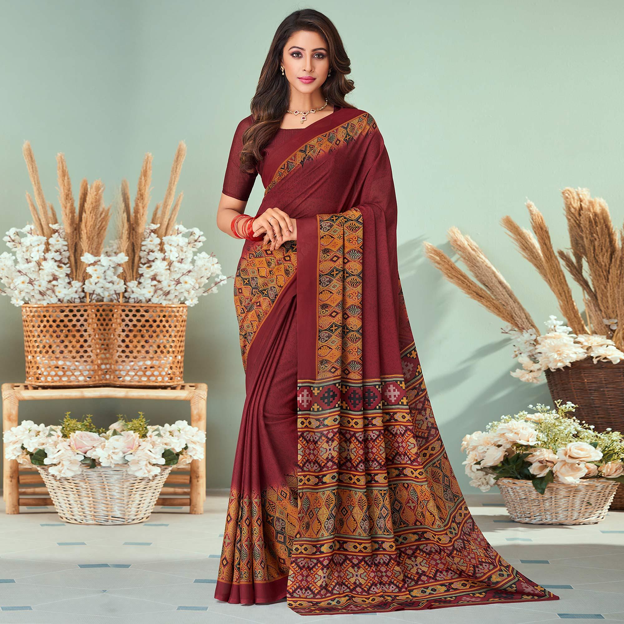 Maroon Printed Raw Silk Saree - Peachmode