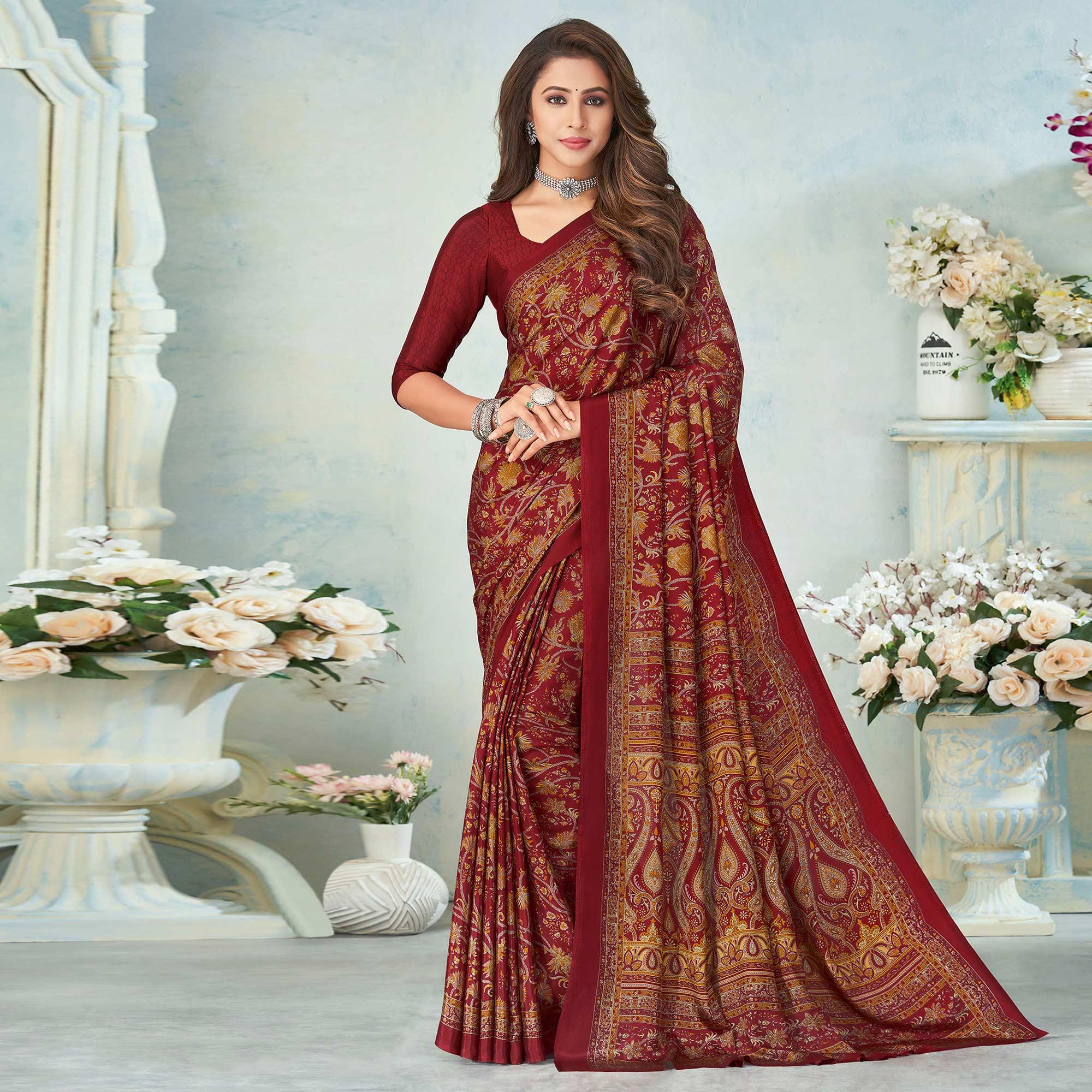 Maroon Printed Raw Silk Saree - Peachmode