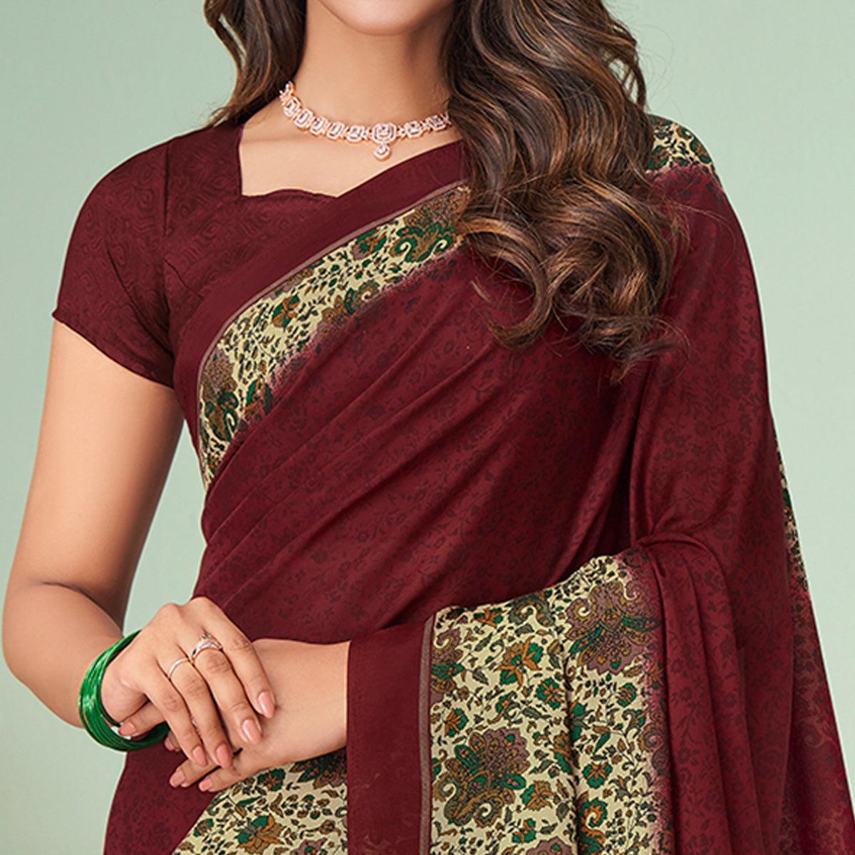 Maroon Printed Raw Silk Saree - Peachmode