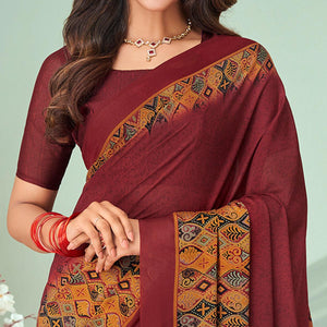 Maroon Printed Raw Silk Saree - Peachmode