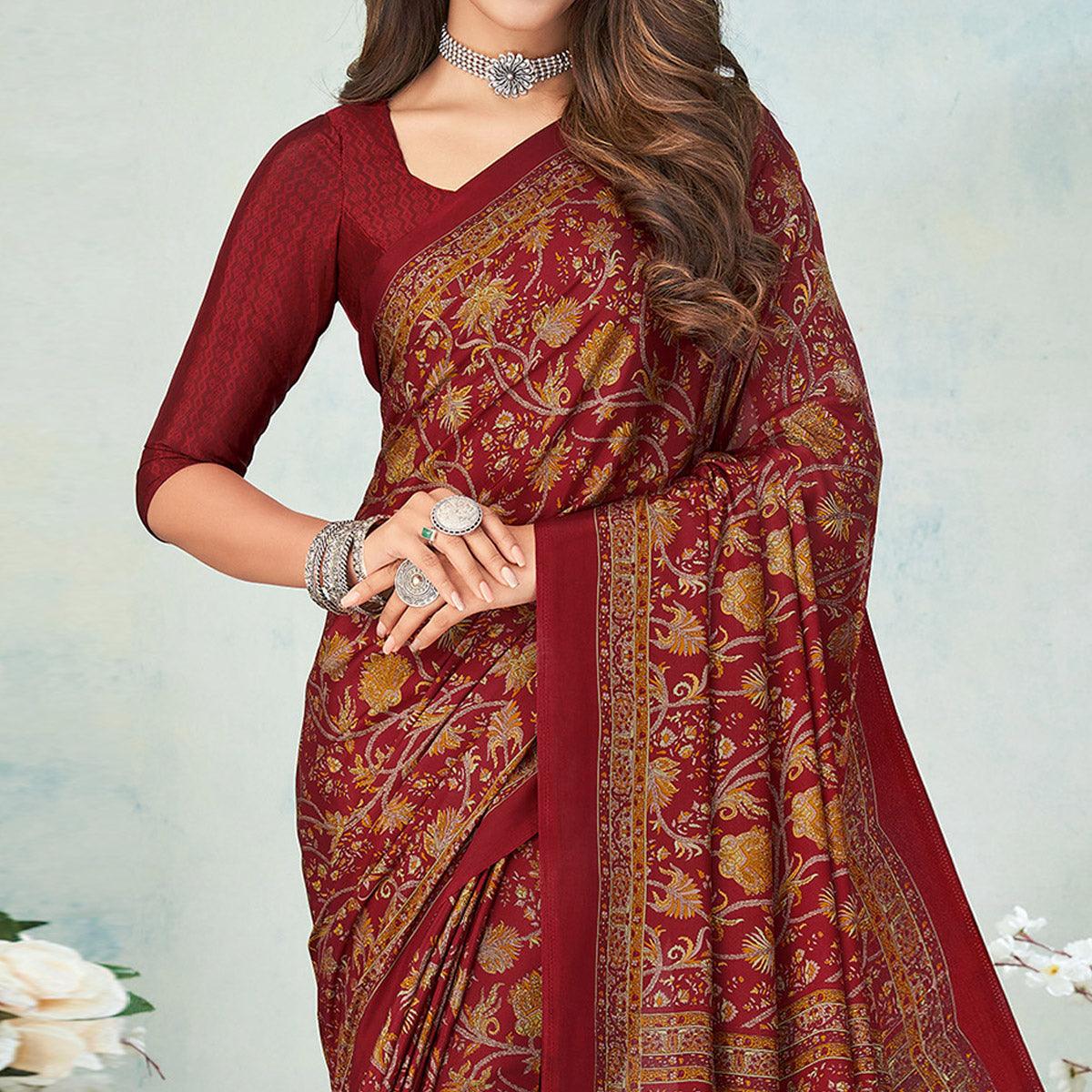 Maroon Printed Raw Silk Saree - Peachmode