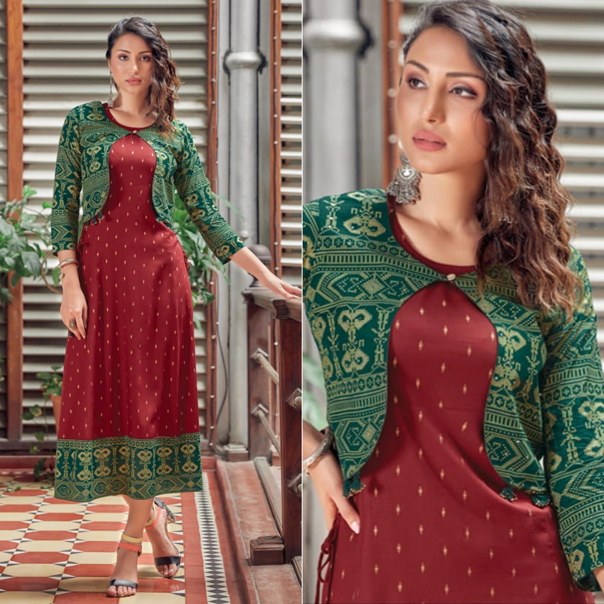 Maroon Printed Rayon Anarkali Kurti - Peachmode