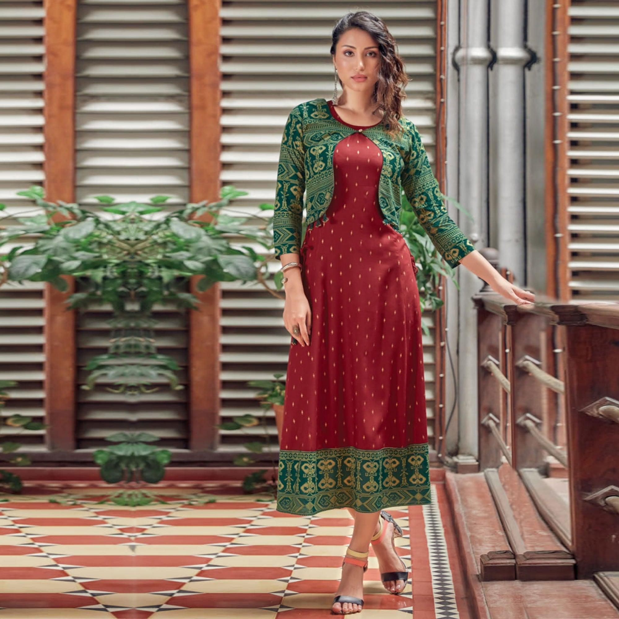 Maroon Printed Rayon Anarkali Kurti - Peachmode