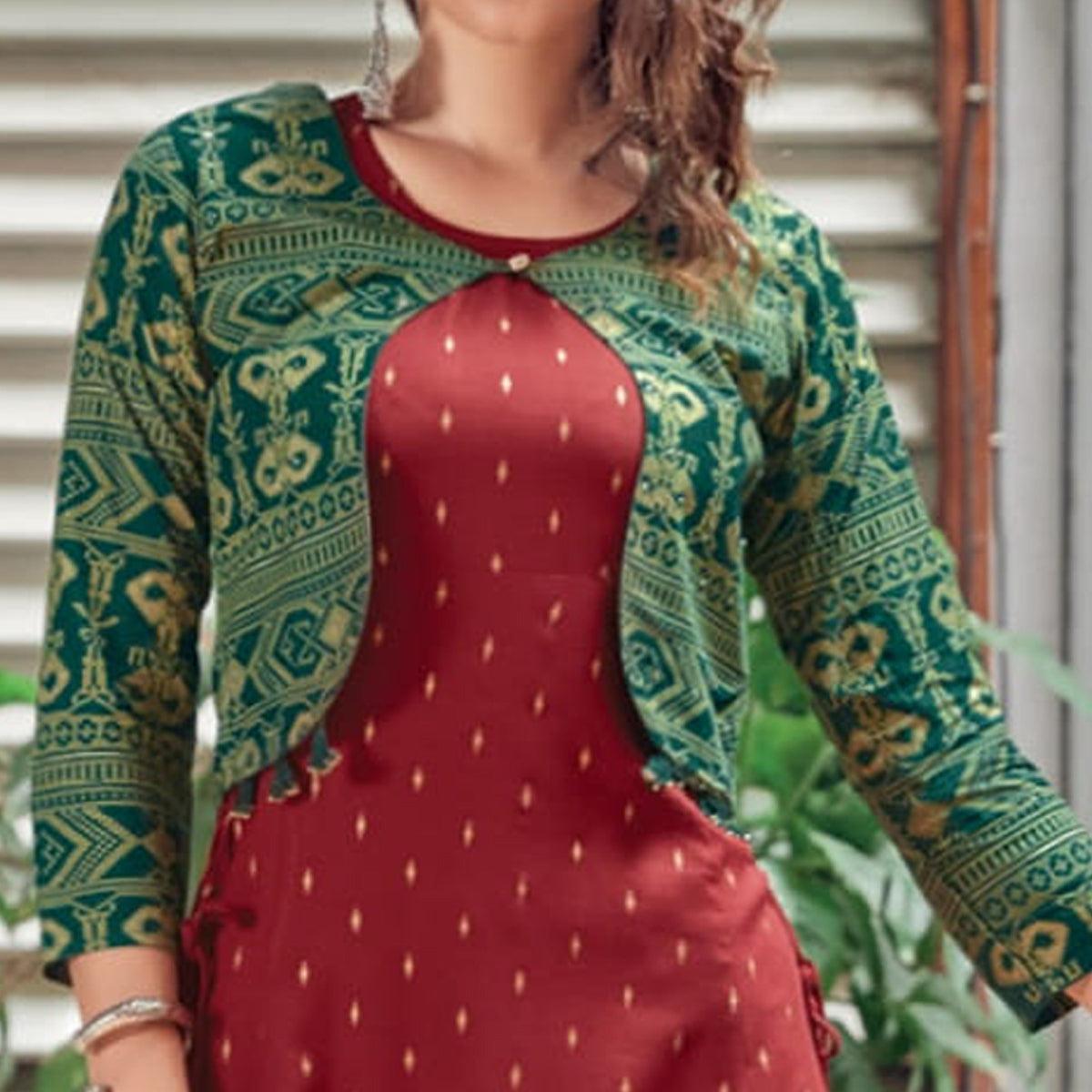 Maroon Printed Rayon Anarkali Kurti - Peachmode