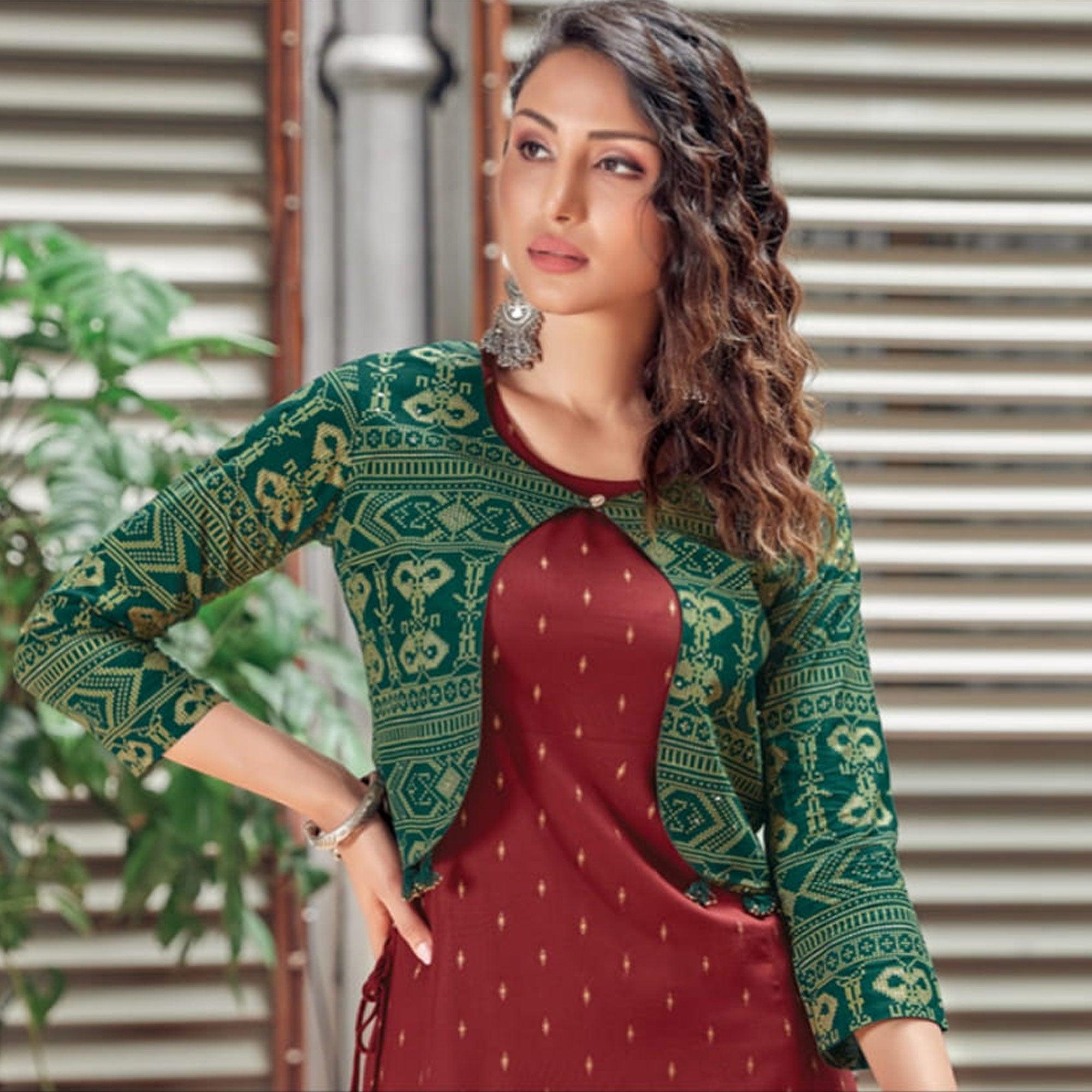 Maroon Printed Rayon Anarkali Kurti - Peachmode