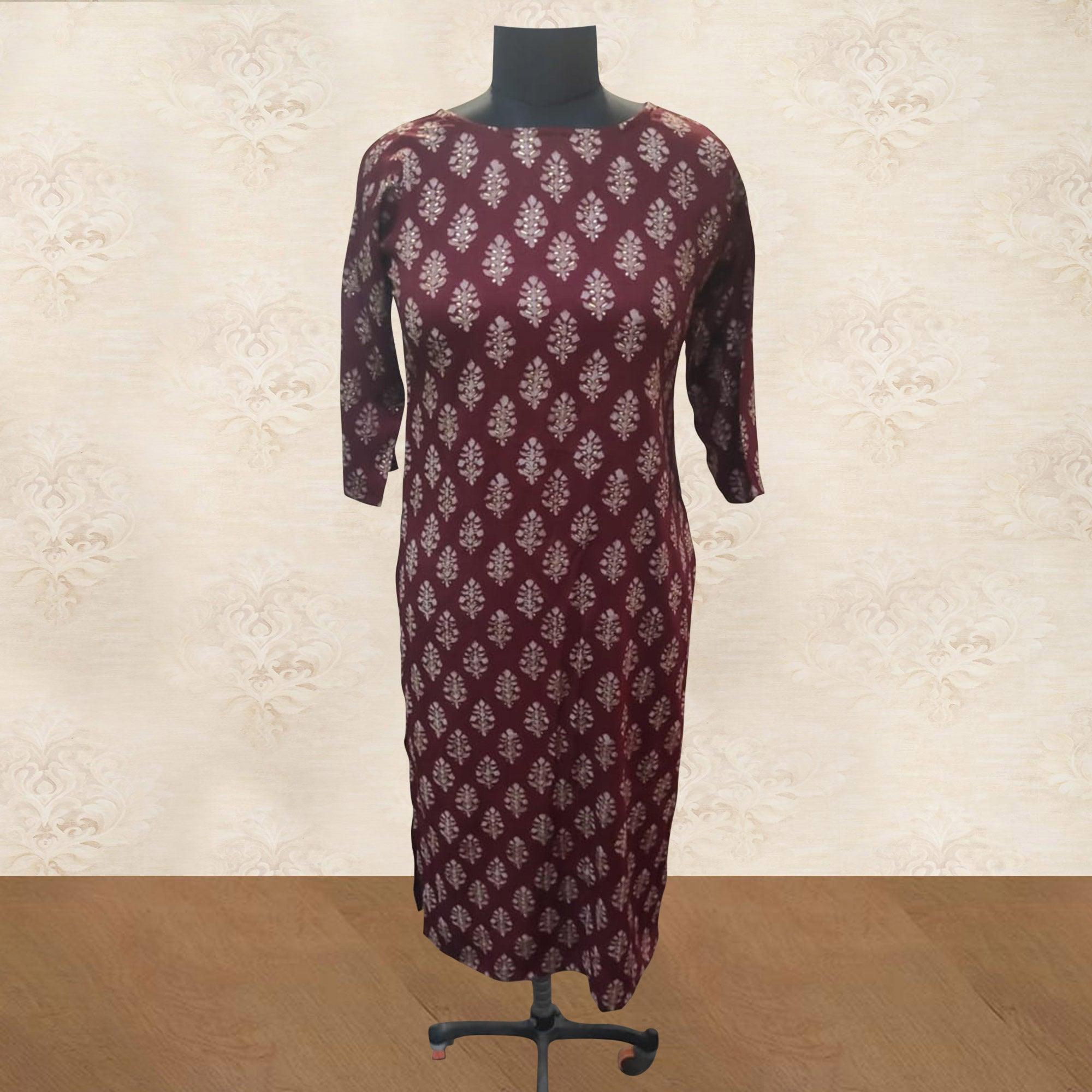 Maroon Printed Rayon Kurti - Peachmode