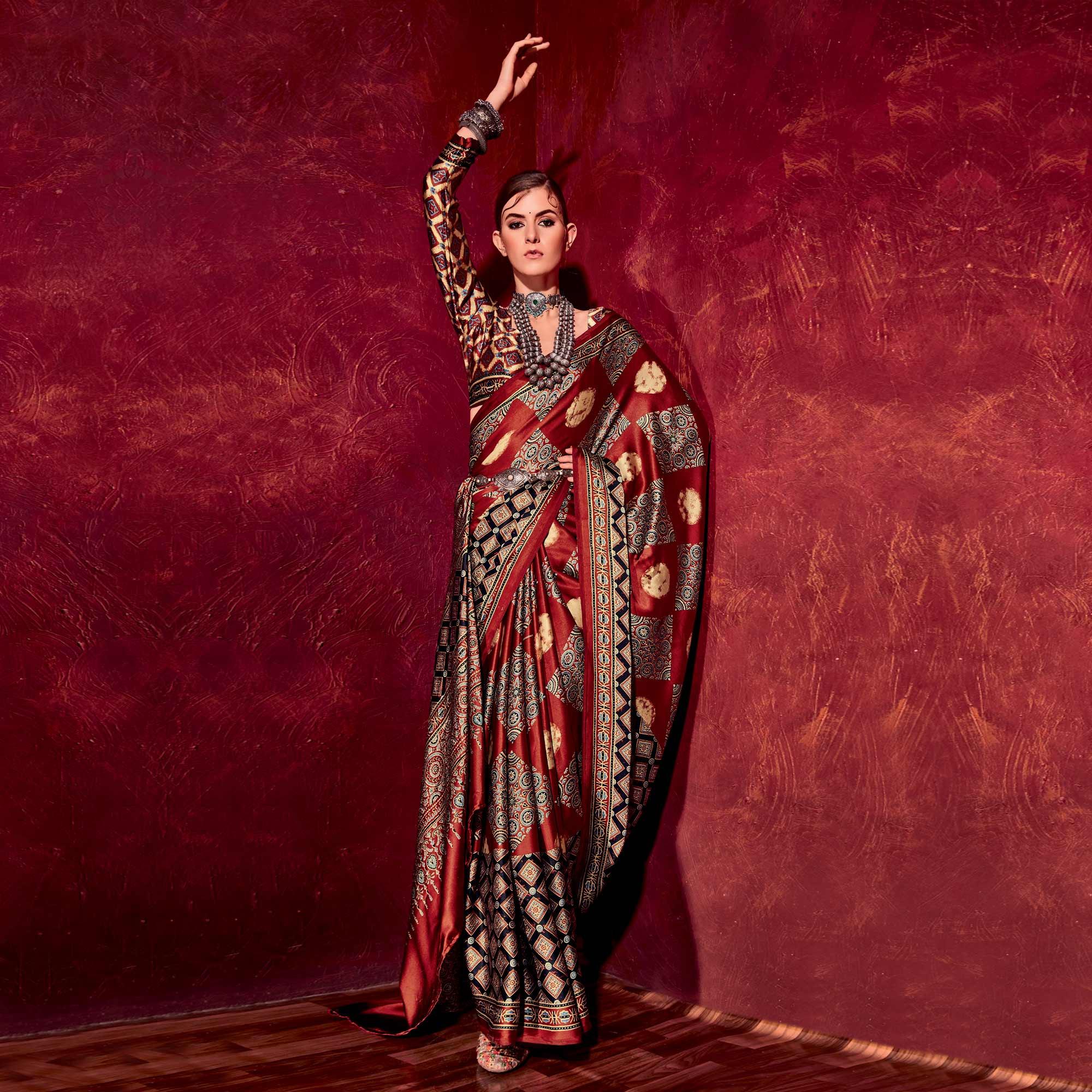Maroon Printed Satin Saree - Peachmode