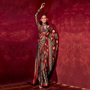 Maroon Printed Satin Saree - Peachmode