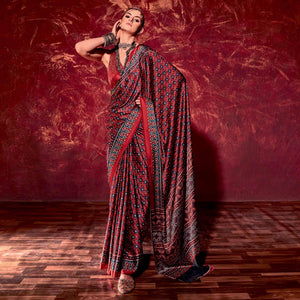 Maroon Printed Satin Saree - Peachmode