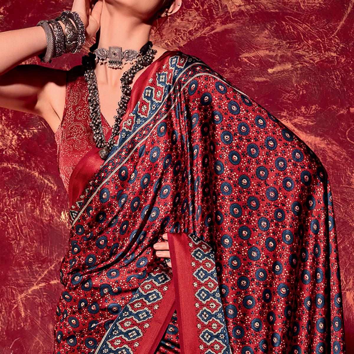 Maroon Printed Satin Saree - Peachmode