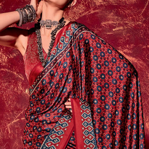 Maroon Printed Satin Saree - Peachmode