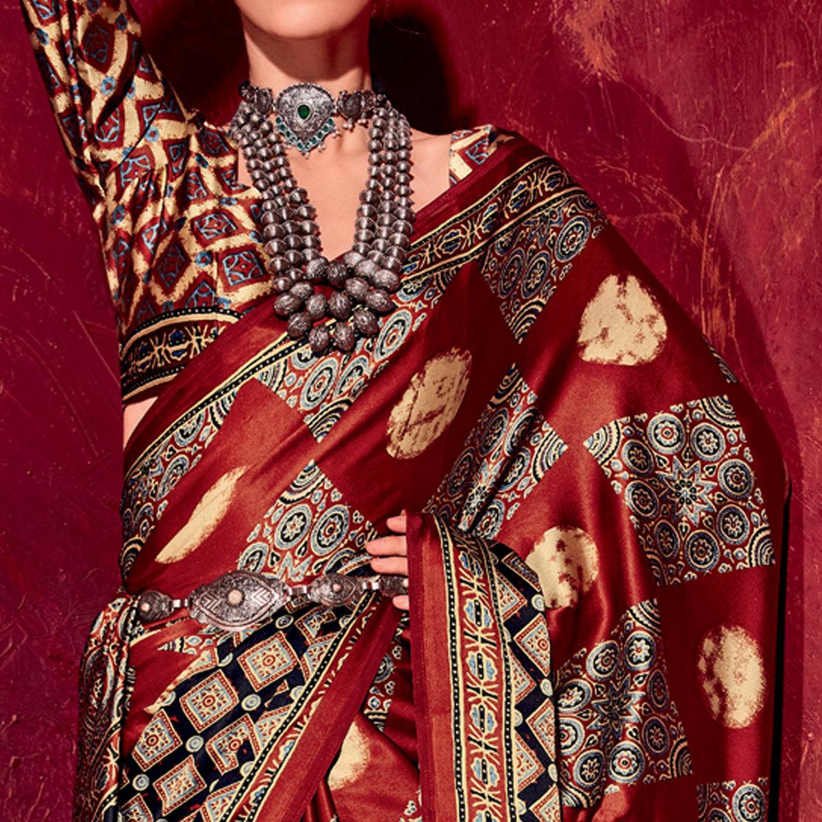 Maroon Printed Satin Saree - Peachmode