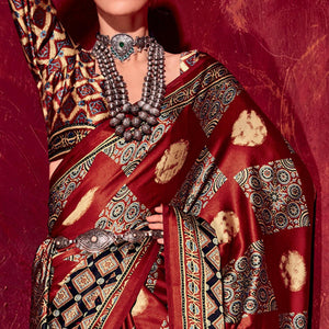 Maroon Printed Satin Saree - Peachmode