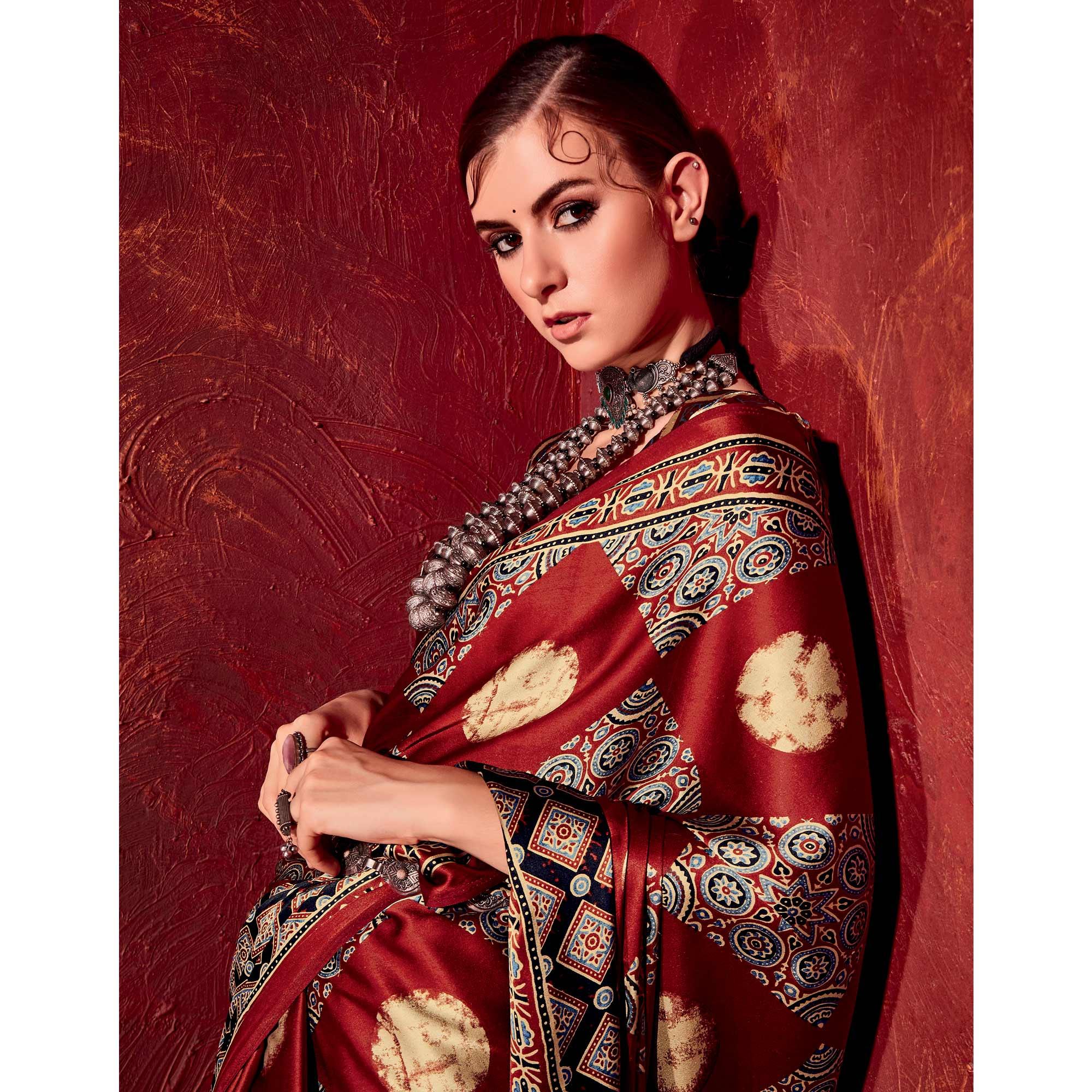 Maroon Printed Satin Saree - Peachmode