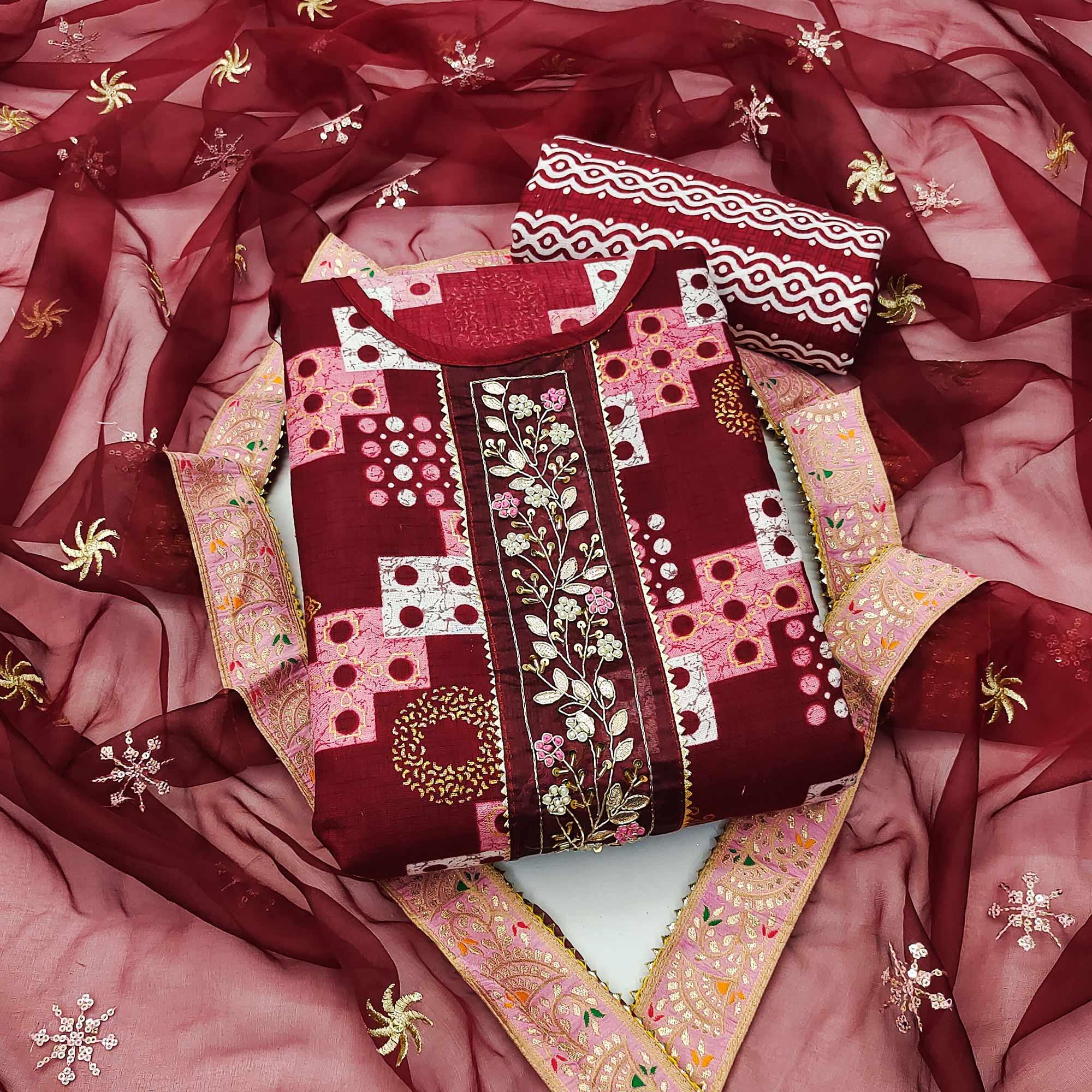 Maroon Printed With Embellished Poly Cotton Dress Material - Peachmode
