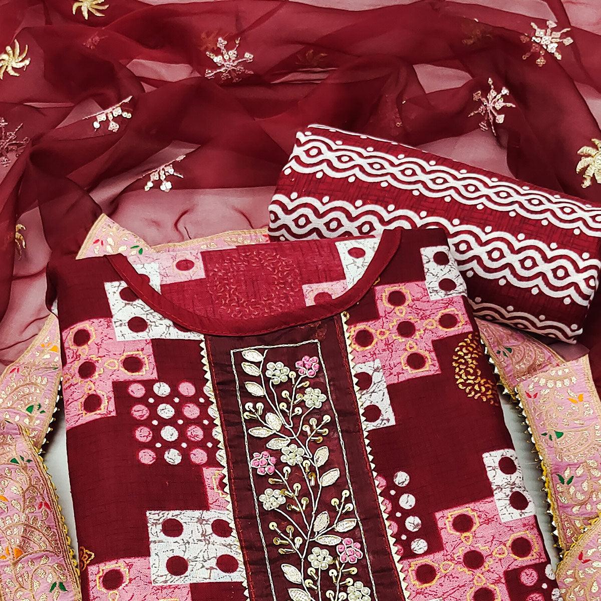 Maroon Printed With Embellished Poly Cotton Dress Material - Peachmode