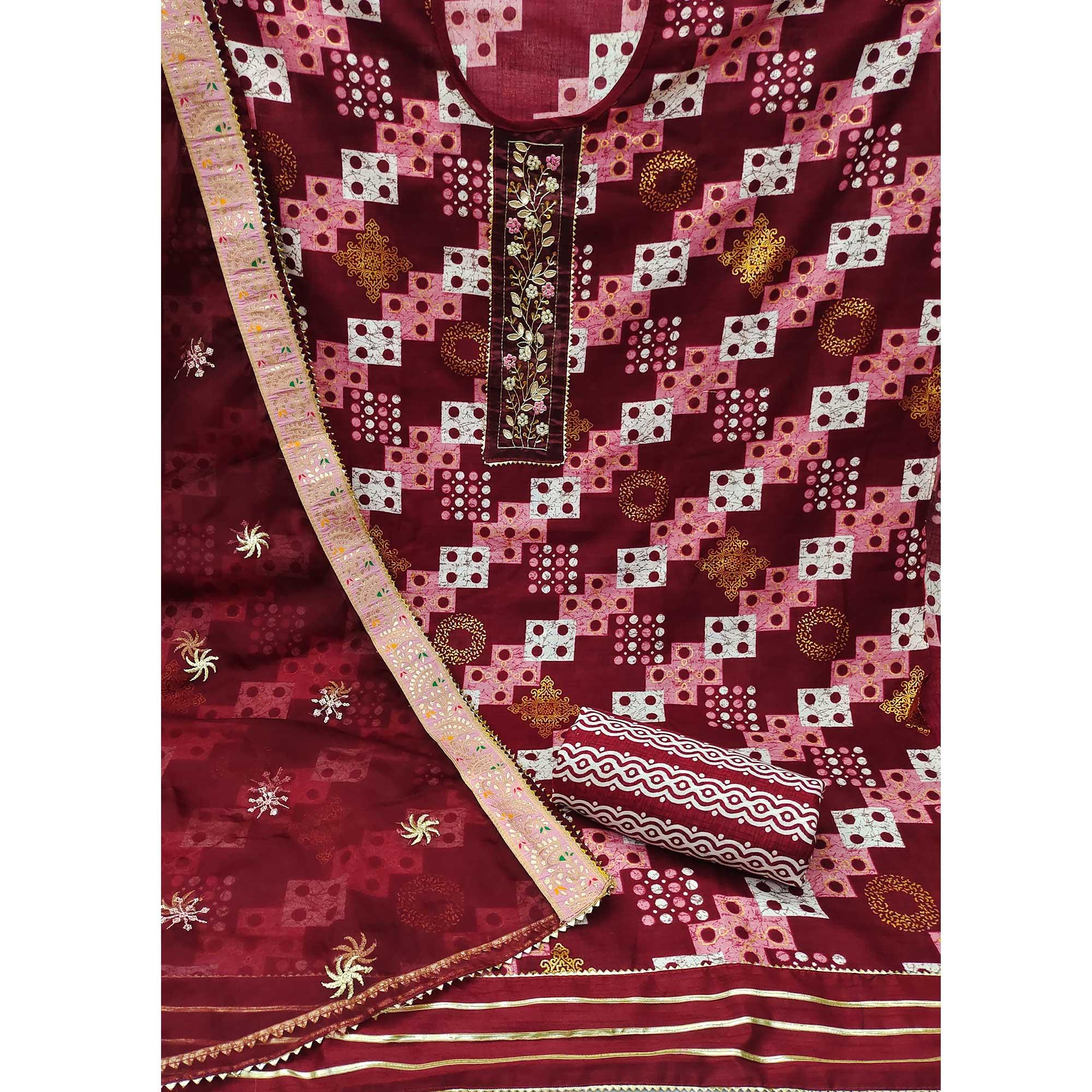 Maroon Printed With Embellished Poly Cotton Dress Material - Peachmode