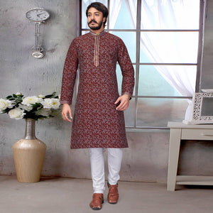 Maroon Printed With Embroidered Art Silk Kurta Pyjama Set - Peachmode