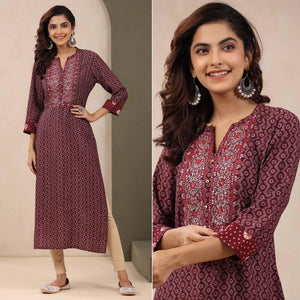 Maroon Printed With Embroidered Chanderi Kurti - Peachmode