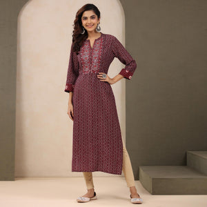 Maroon Printed With Embroidered Chanderi Kurti - Peachmode