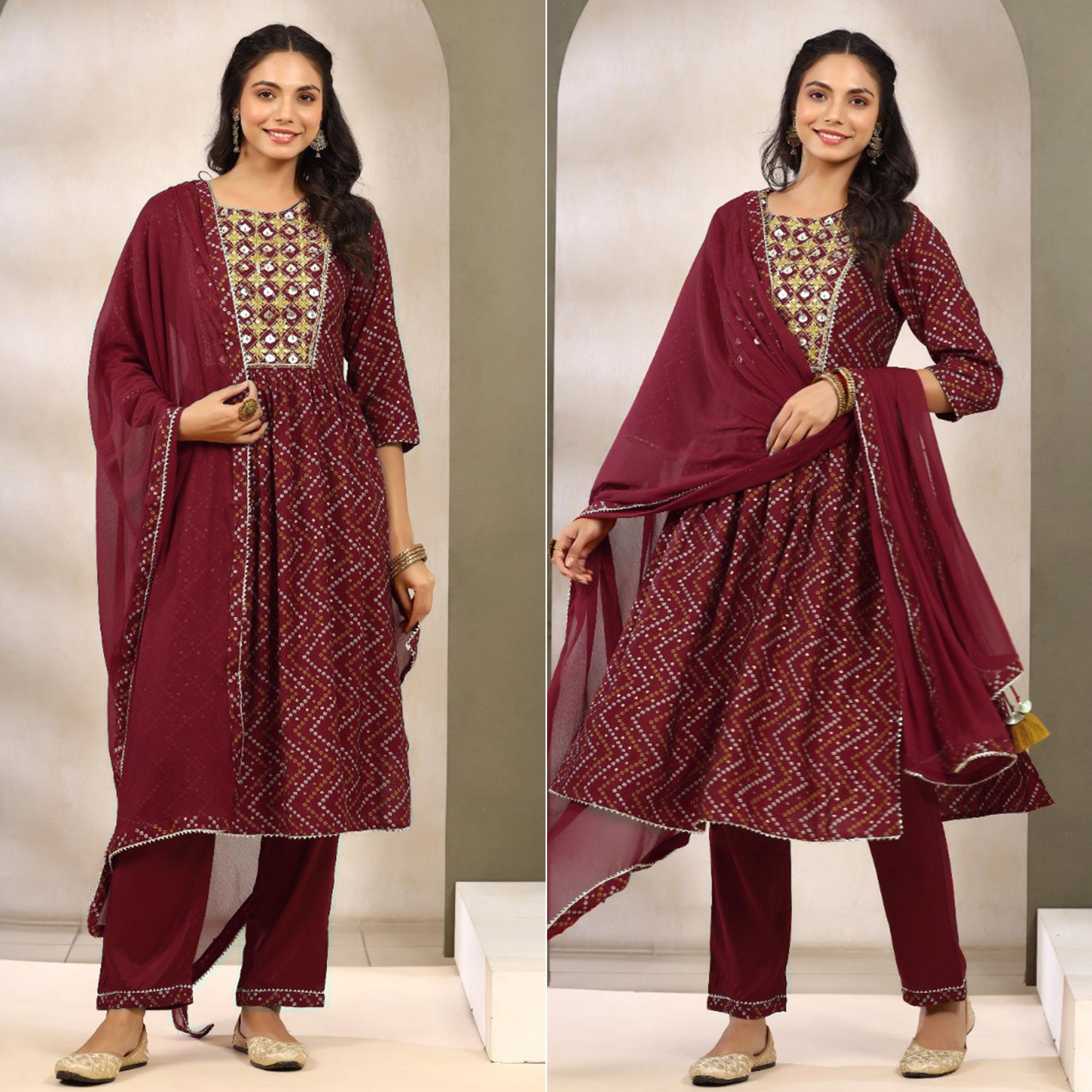 Maroon Printed With Embroidered Muslin Naira Cut Suit