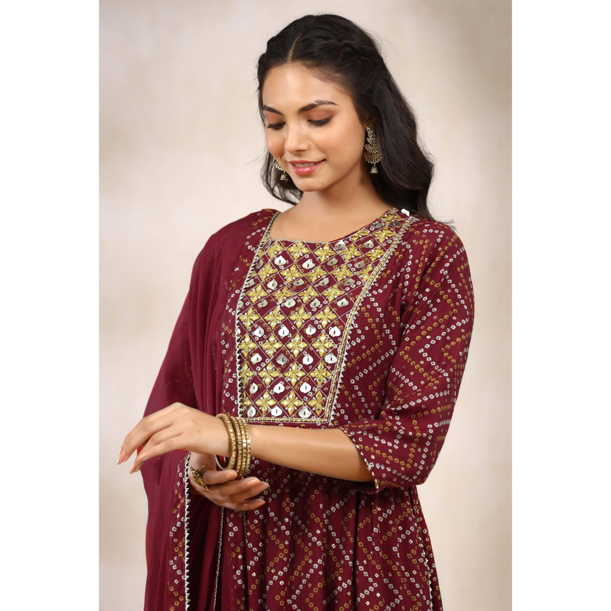Maroon Printed With Embroidered Muslin Anarkali Suit - Peachmode