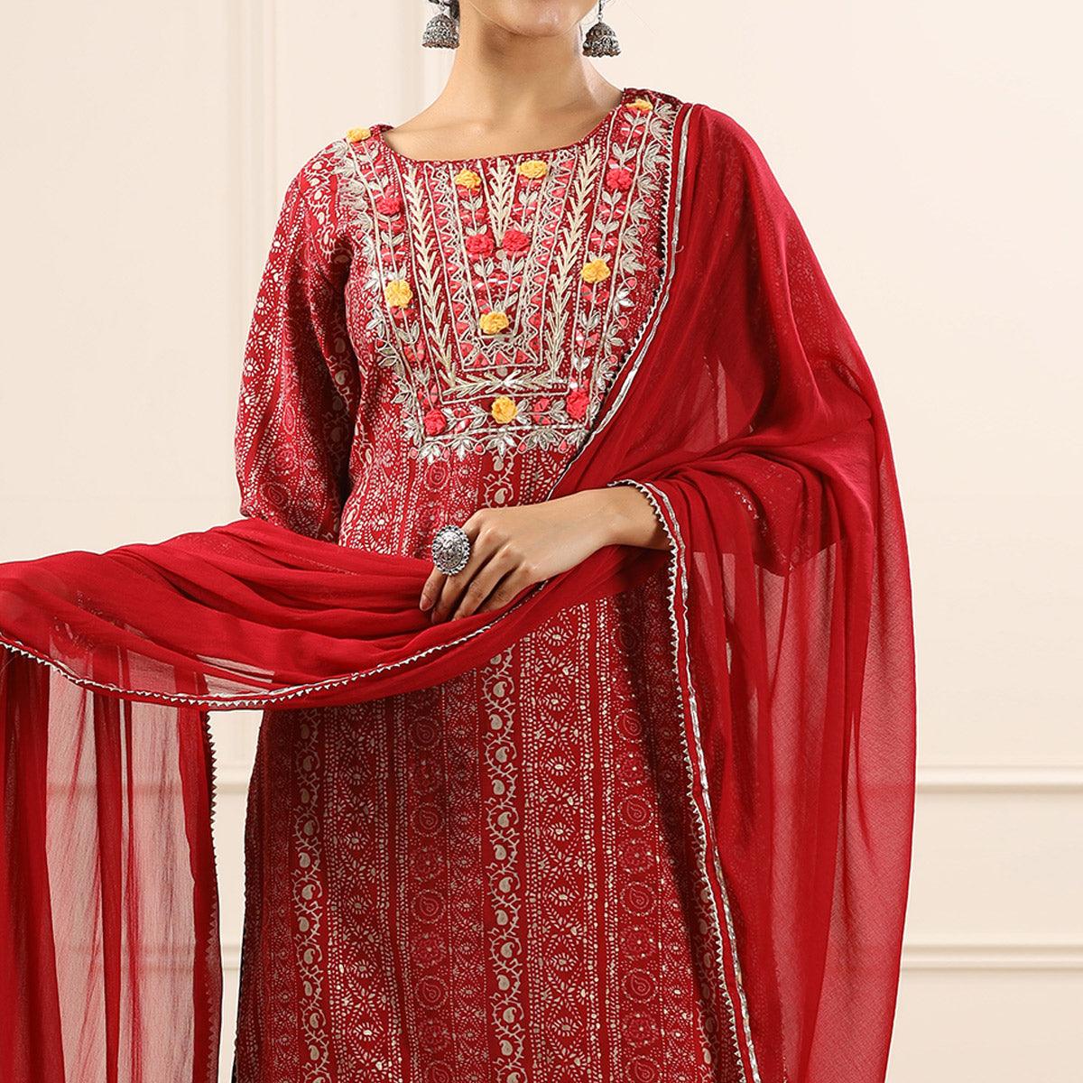 Maroon Printed With Embroidered Muslin Sharara Suit - Peachmode
