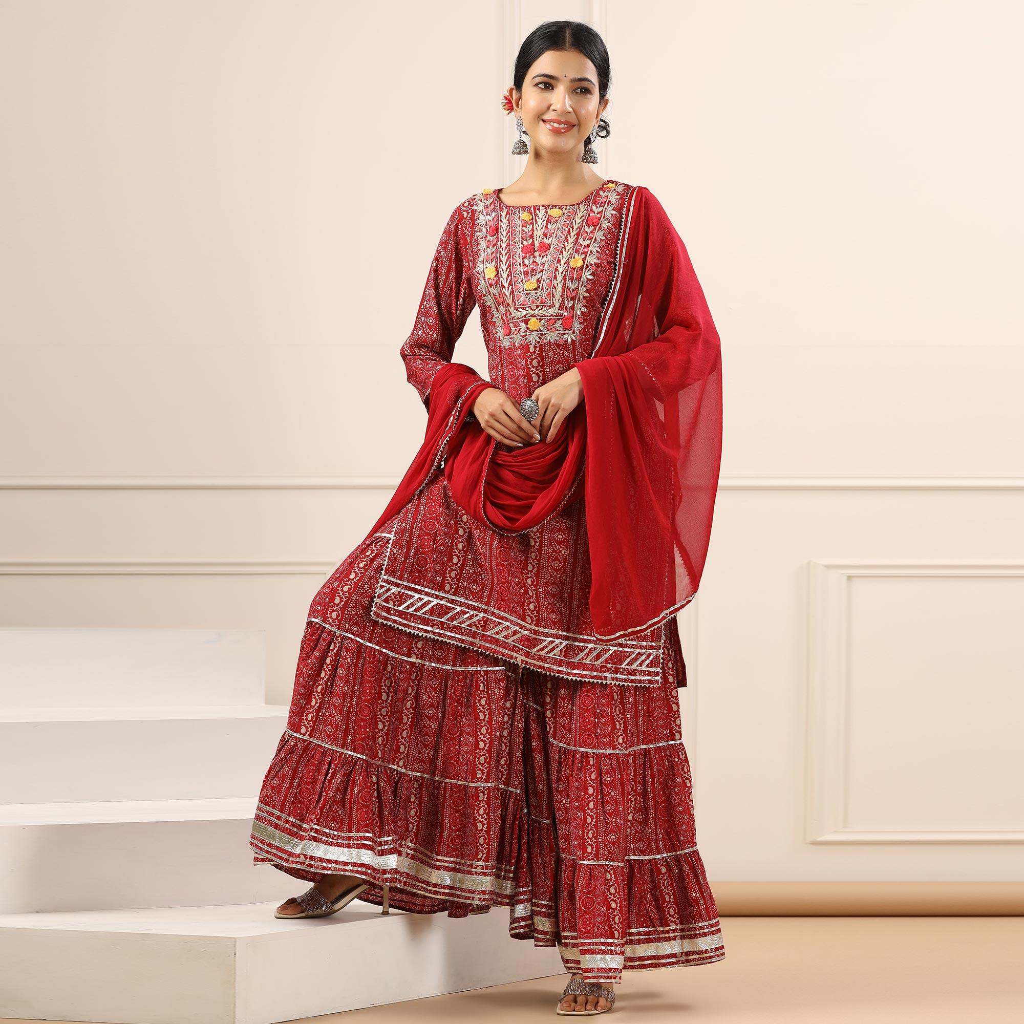 Maroon Printed With Embroidered Muslin Sharara Suit - Peachmode