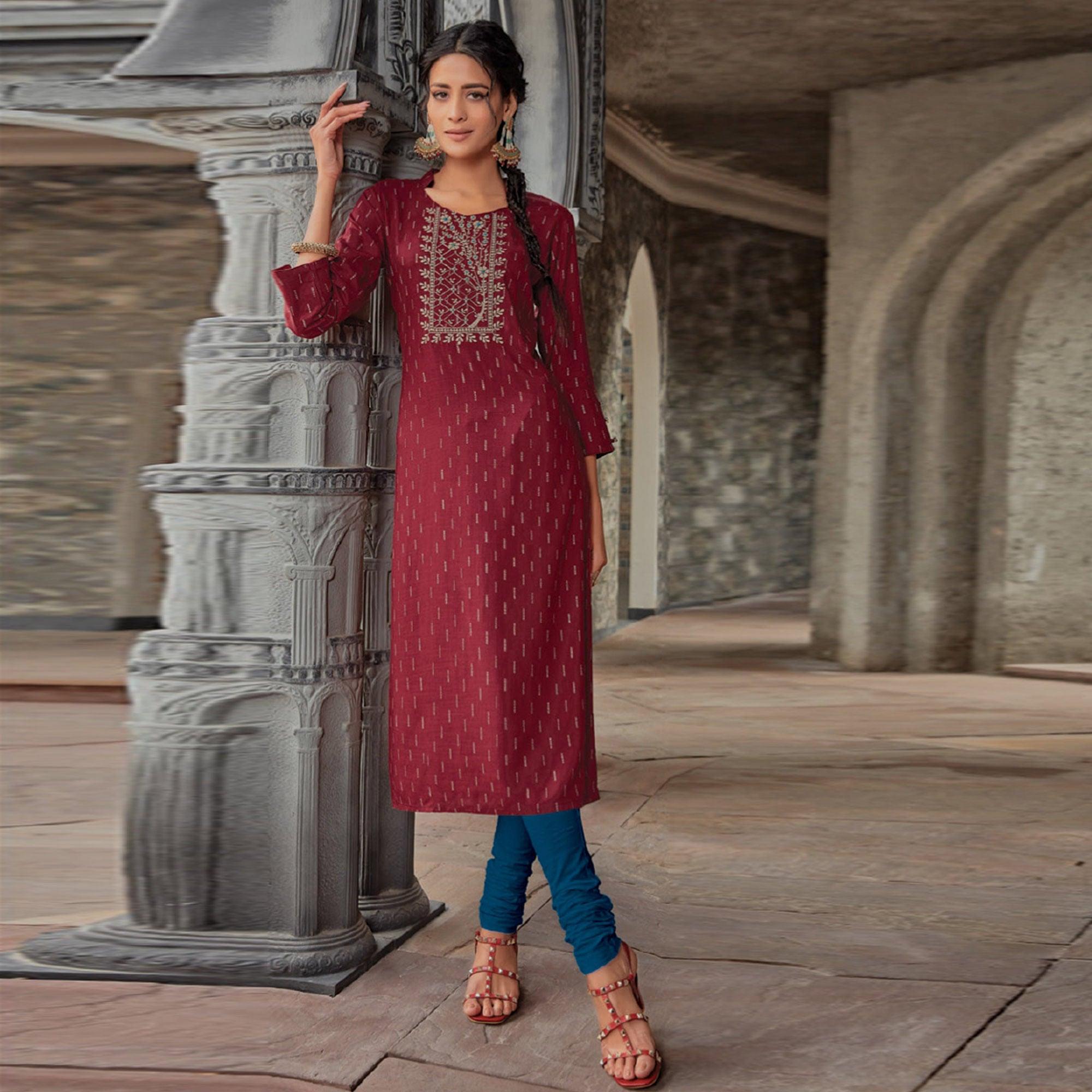 Maroon Printed With Embroidered Pure Cotton Kurti - Peachmode
