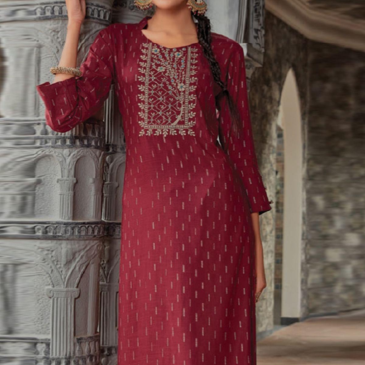 Maroon Printed With Embroidered Pure Cotton Kurti - Peachmode