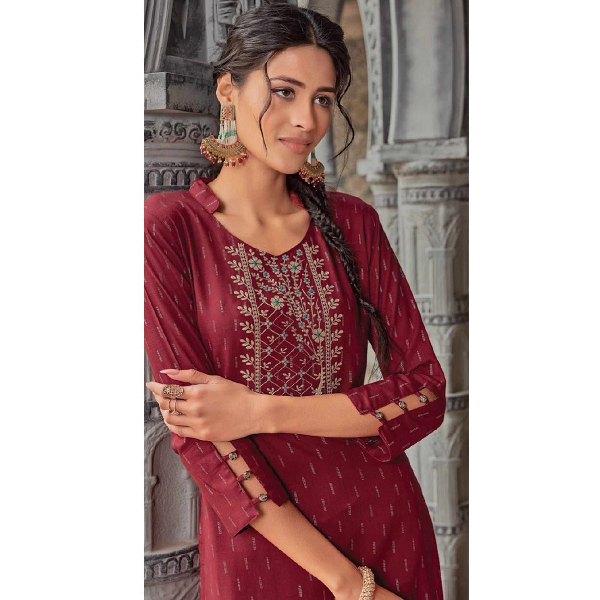 Maroon Printed With Embroidered Pure Cotton Kurti - Peachmode