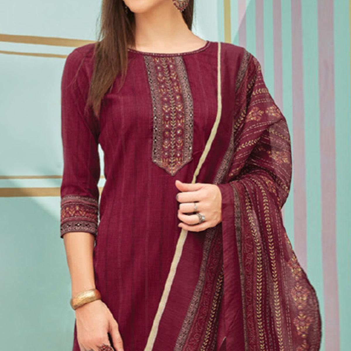 Maroon Printed With Embroidery Tapetta Silk Kurti With Dupatta - Peachmode