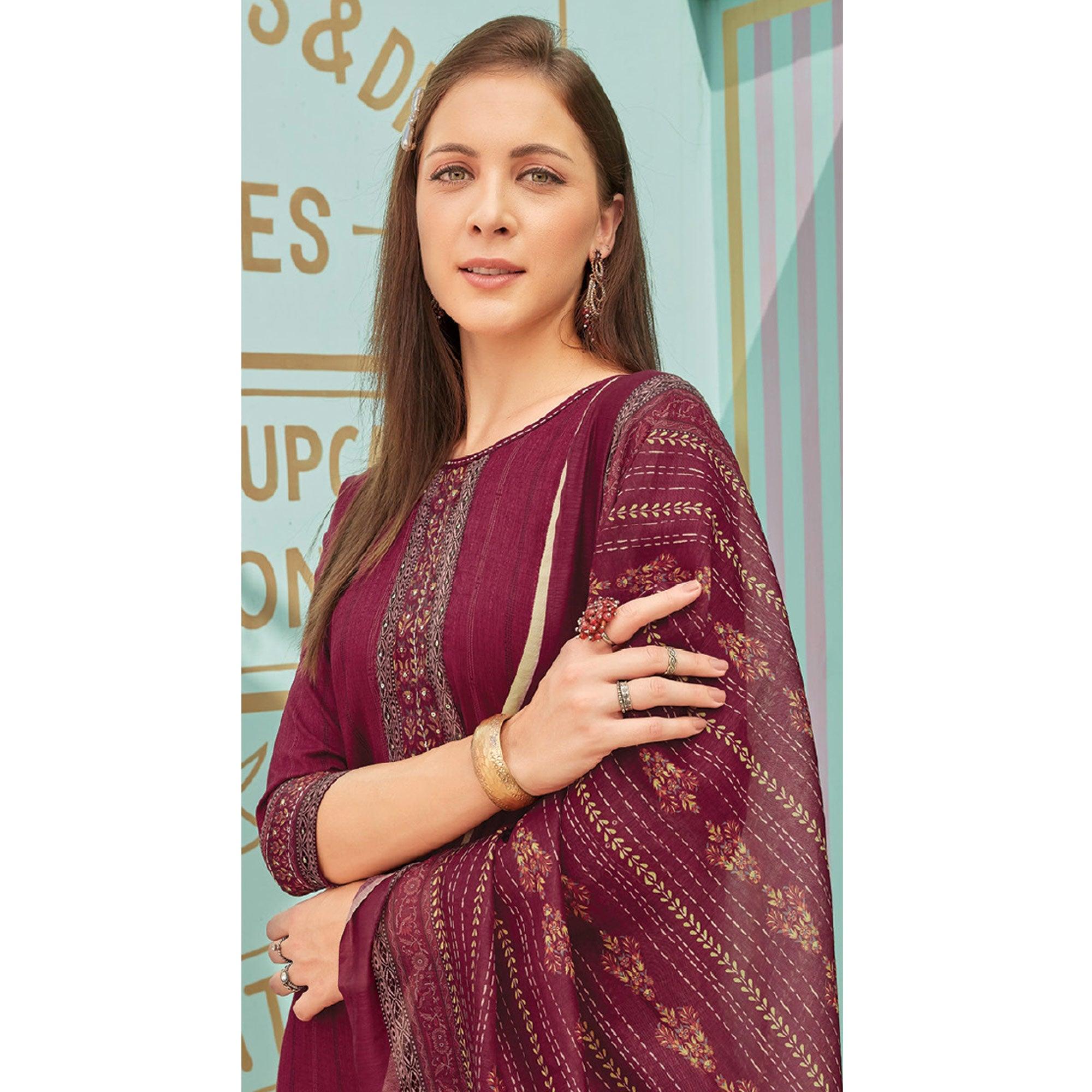 Maroon Printed With Embroidery Tapetta Silk Kurti With Dupatta - Peachmode
