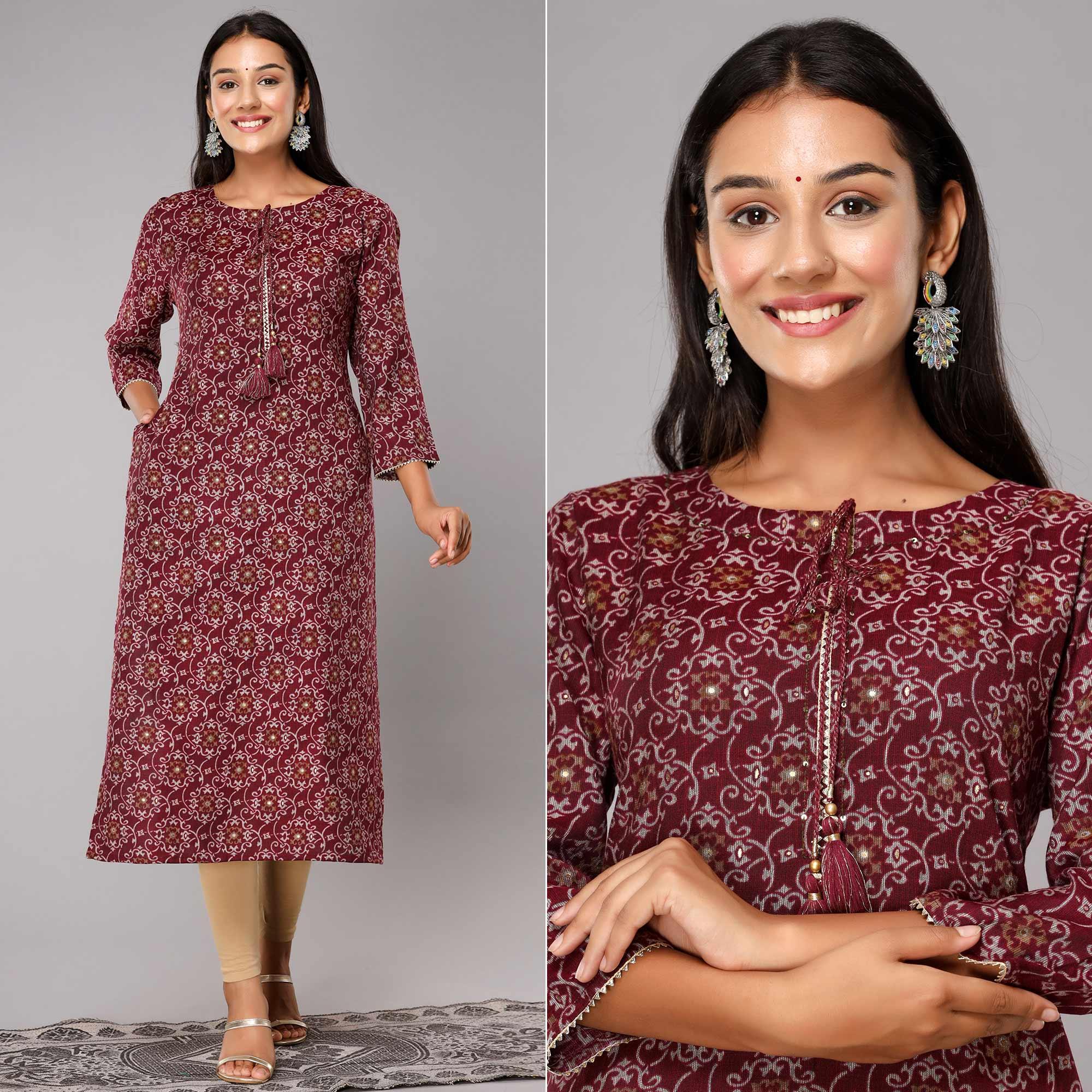 Maroon Printed With Gota Patti Work Poly Cotton Kurti - Peachmode