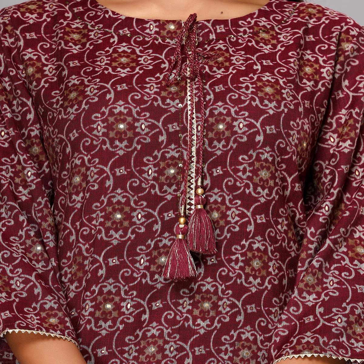 Maroon Printed With Gota Patti Work Poly Cotton Kurti - Peachmode