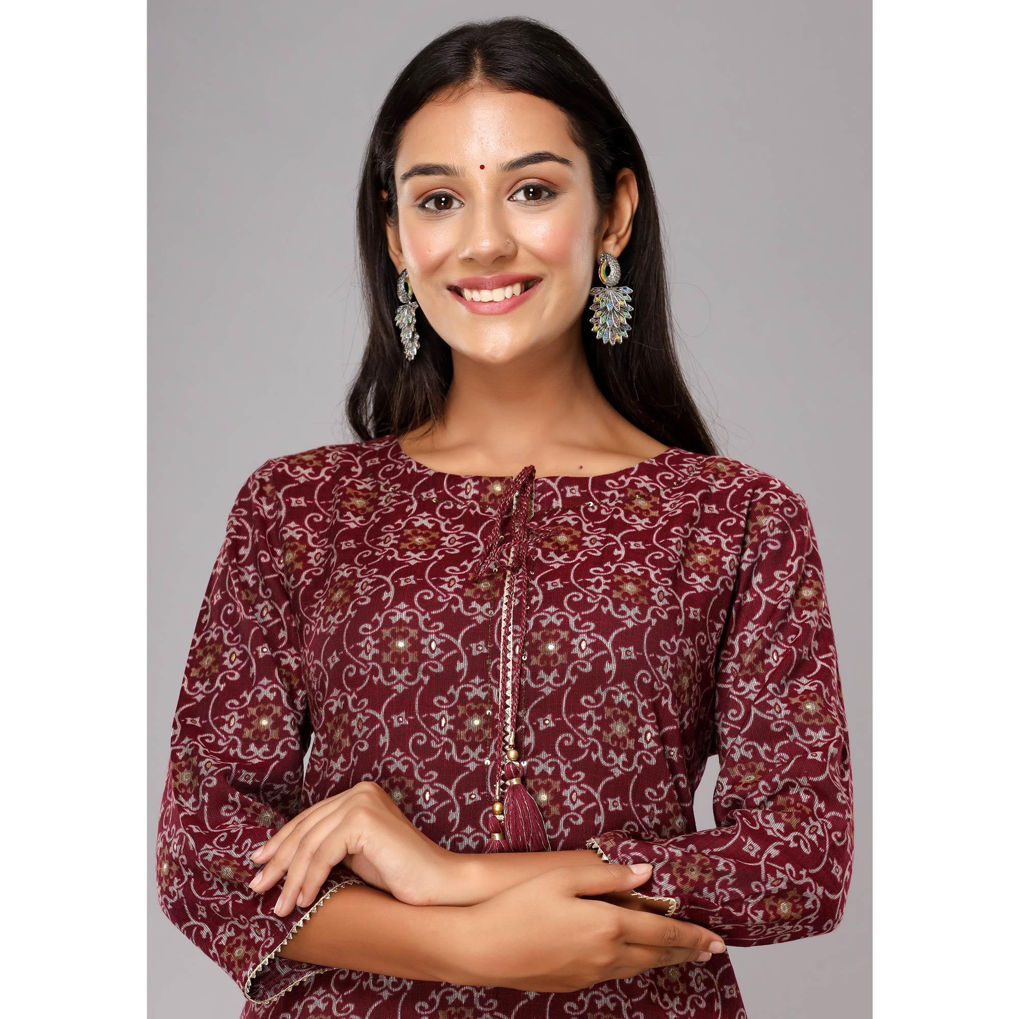 Maroon Printed With Gota Patti Work Poly Cotton Kurti - Peachmode