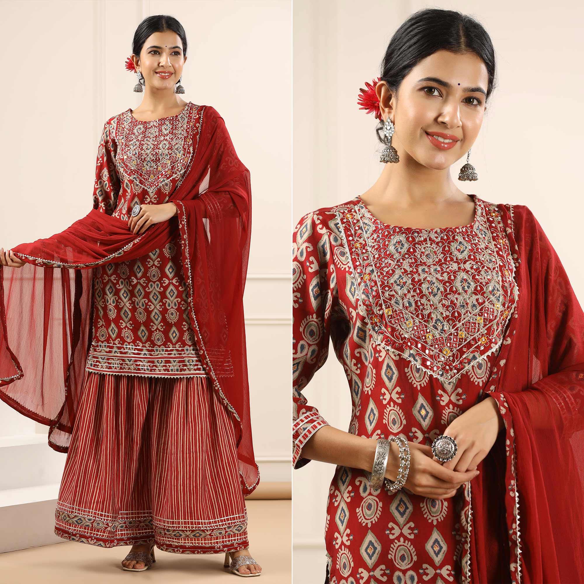 Maroon Printed With Gota Work Muslin Sharara Suit - Peachmode