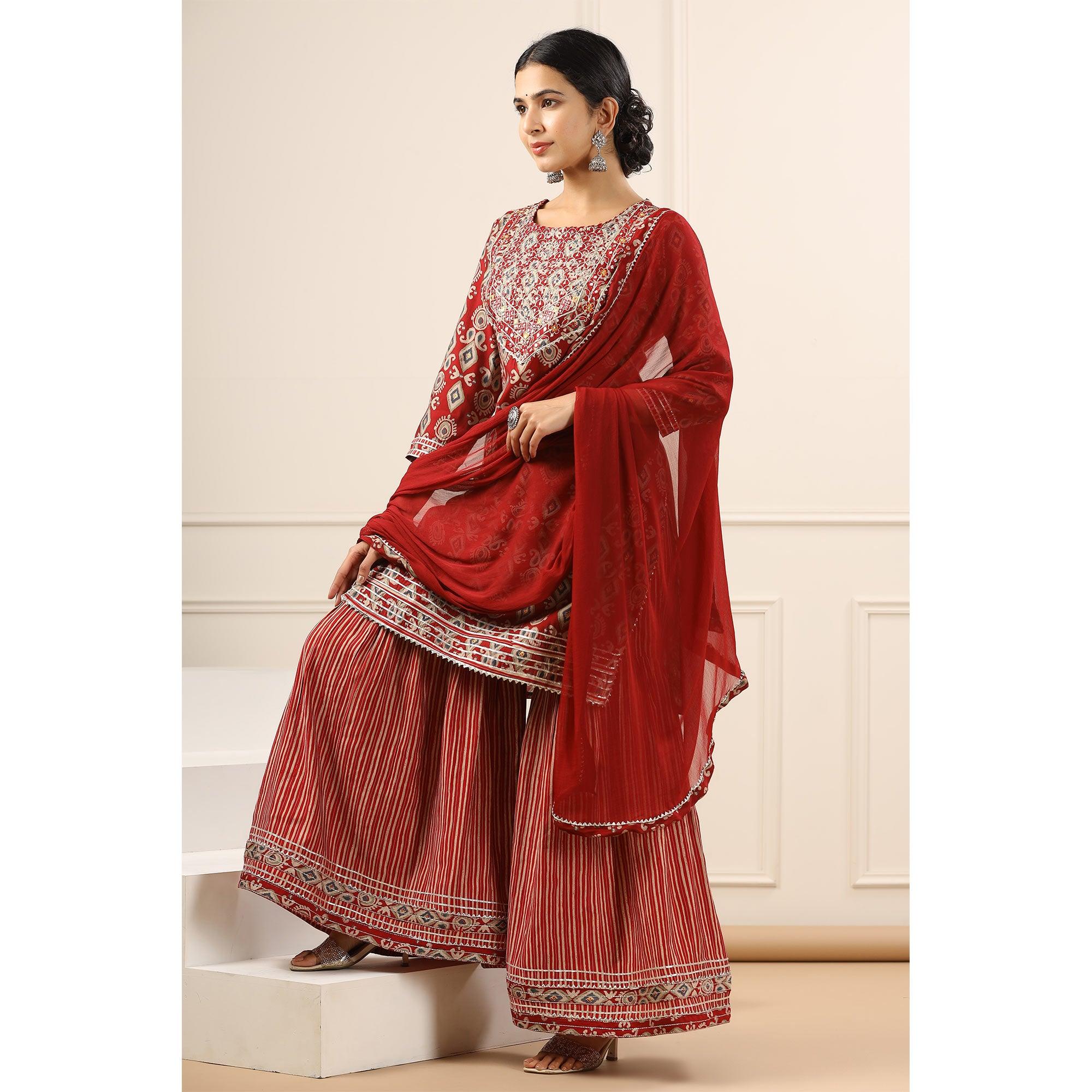 Maroon Printed With Gota Work Muslin Sharara Suit - Peachmode