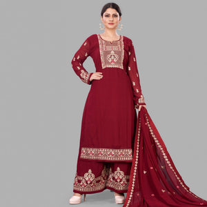 Maroon Semi Party Wear Embroidered Heavy Georgette Palazzo Suit - Peachmode
