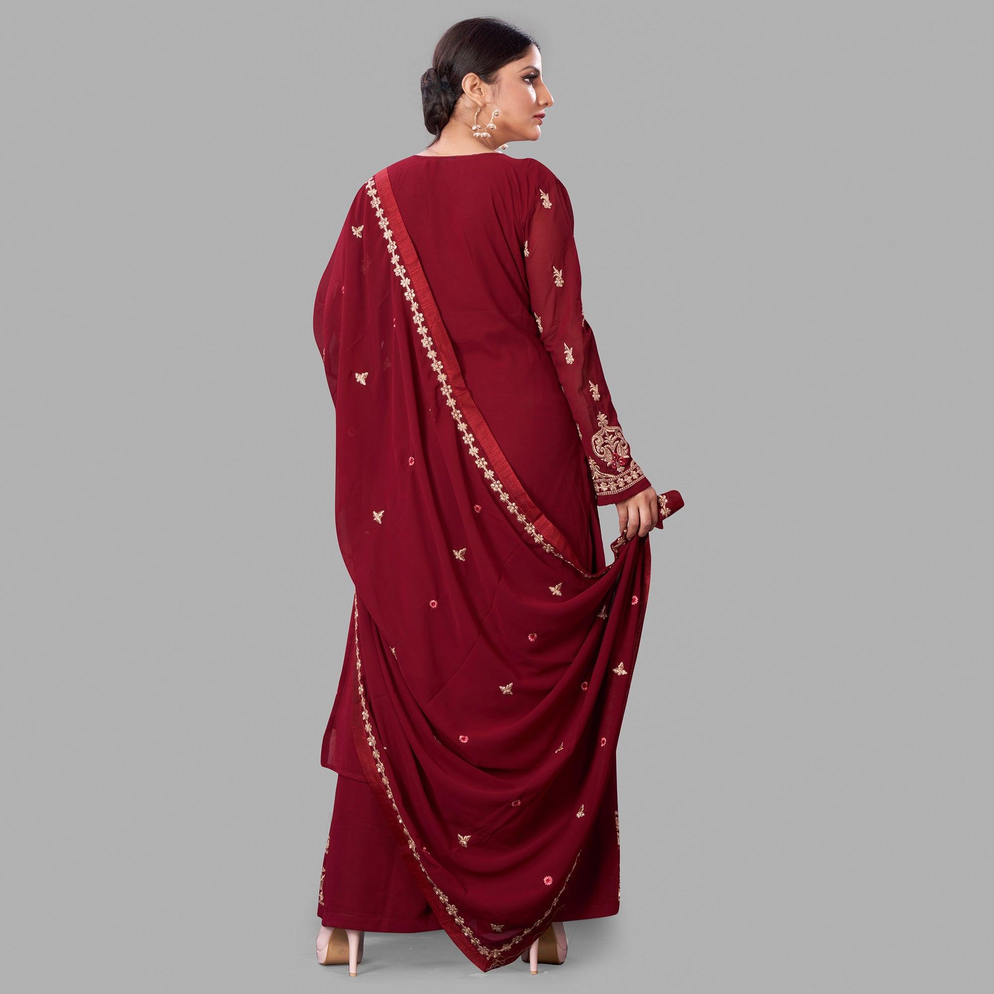Maroon Semi Party Wear Embroidered Heavy Georgette Palazzo Suit - Peachmode