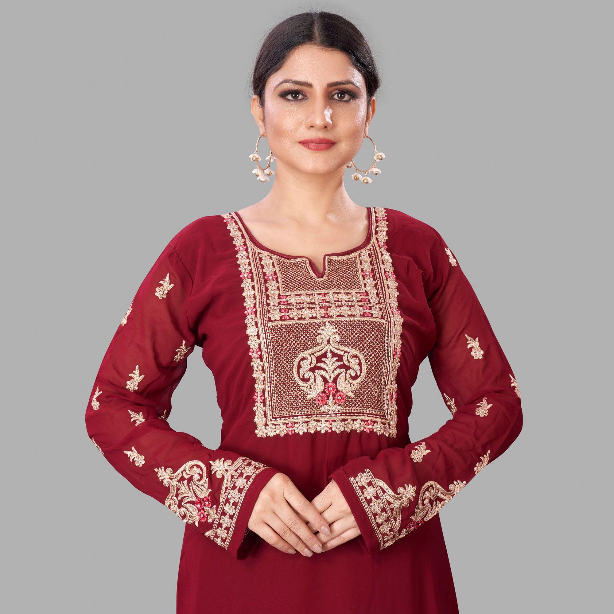 Maroon Semi Party Wear Embroidered Heavy Georgette Palazzo Suit - Peachmode