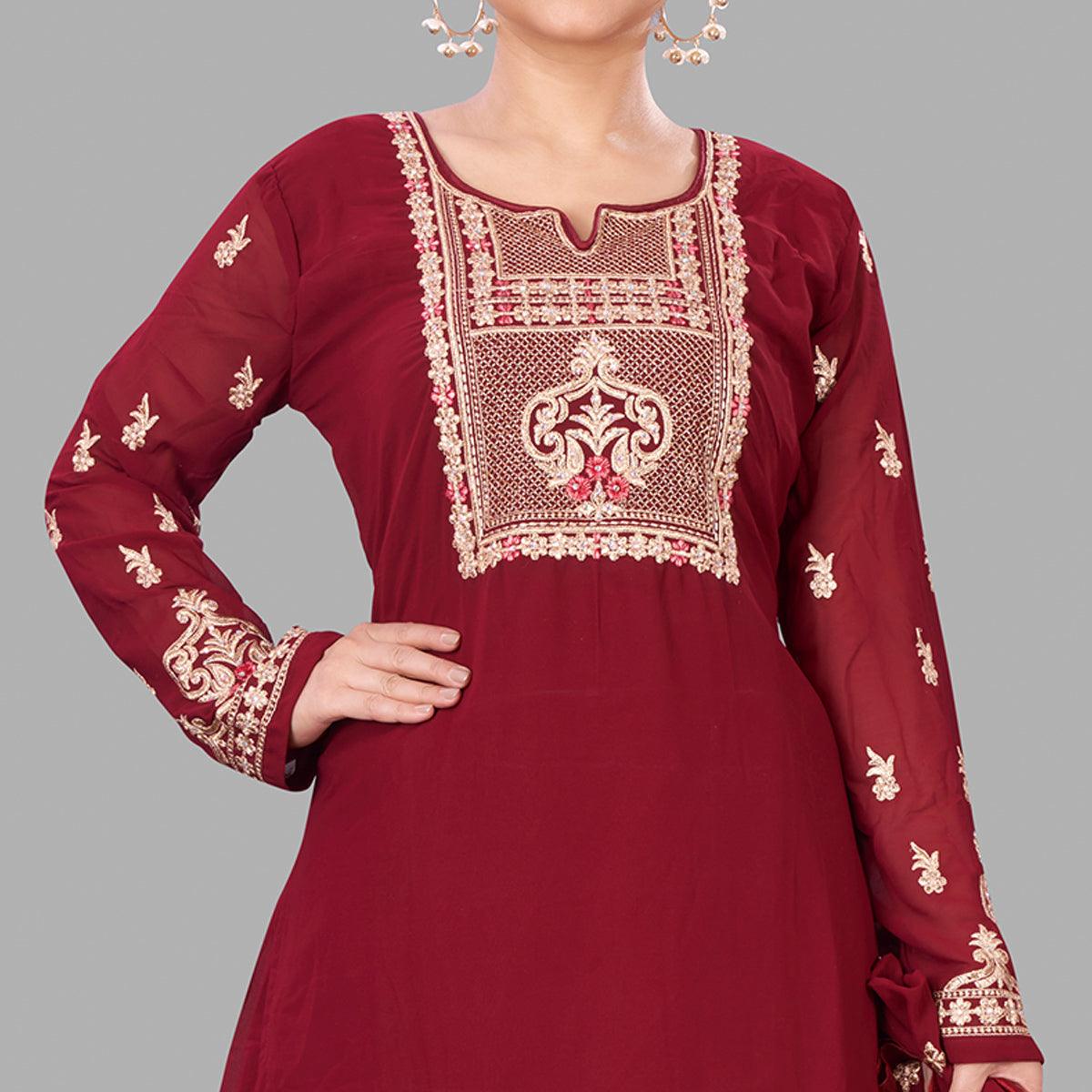 Maroon Semi Party Wear Embroidered Heavy Georgette Palazzo Suit - Peachmode
