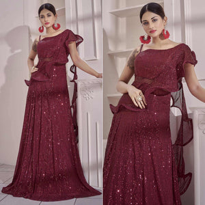Maroon Sequence Embroidered Art Silk Gown - Peachmode