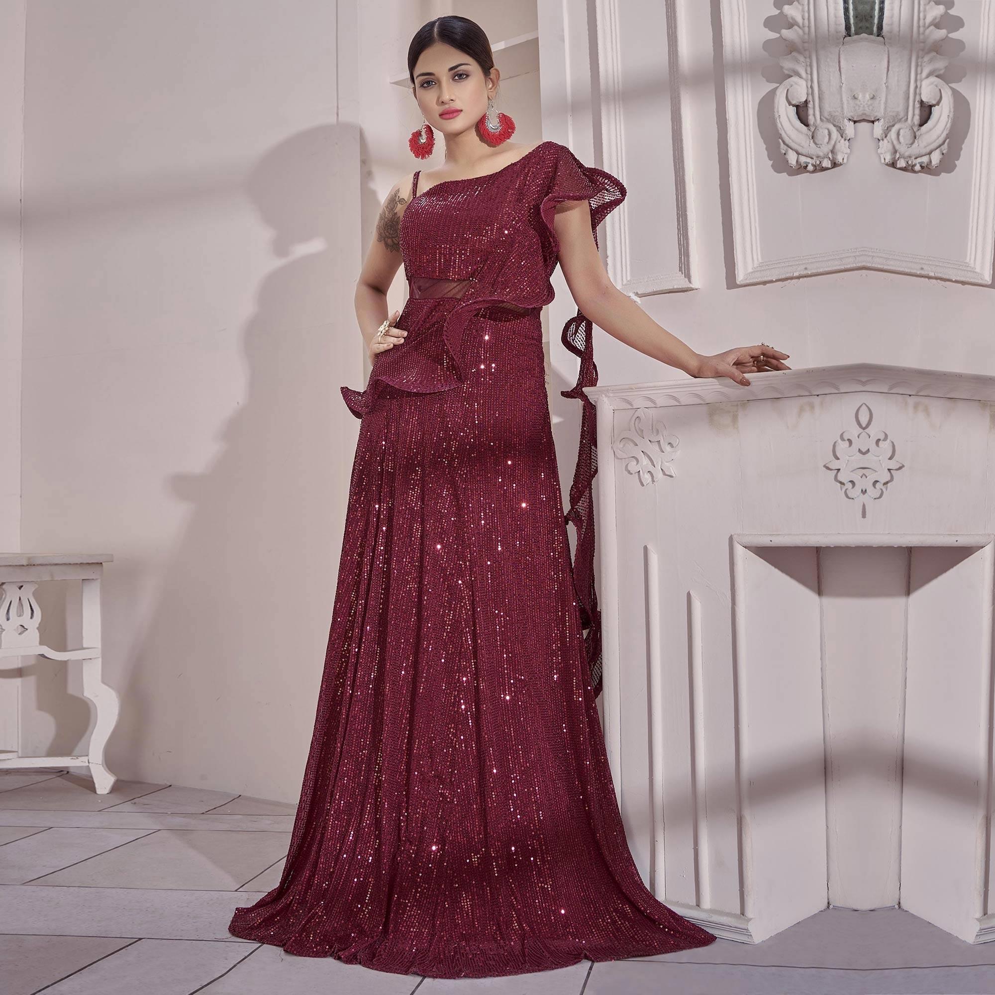Maroon Sequence Embroidered Art Silk Gown - Peachmode