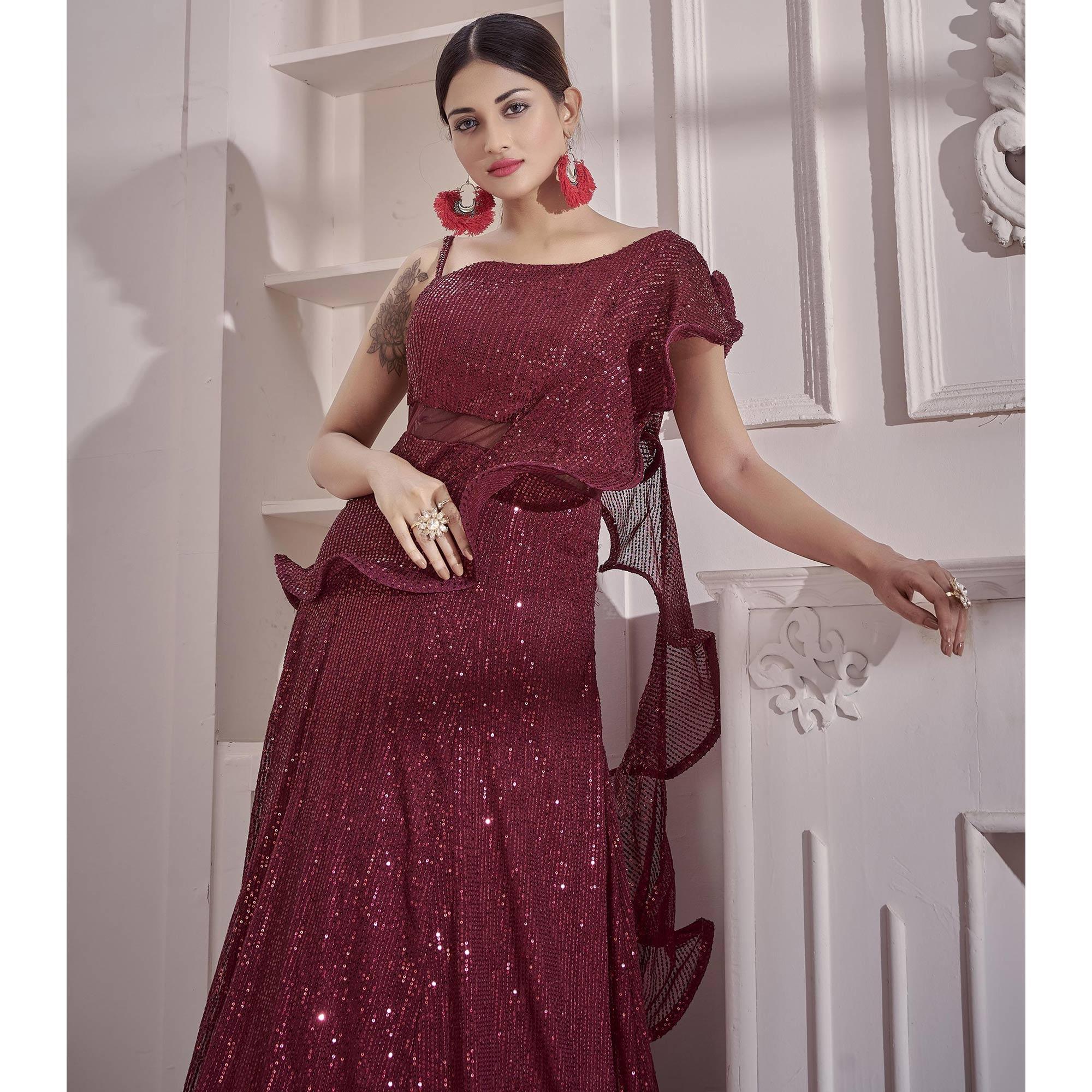 Maroon Sequence Embroidered Art Silk Gown - Peachmode