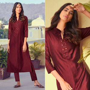 Maroon Sequence Embroidered Art Silk Kurti Pant Set - Peachmode
