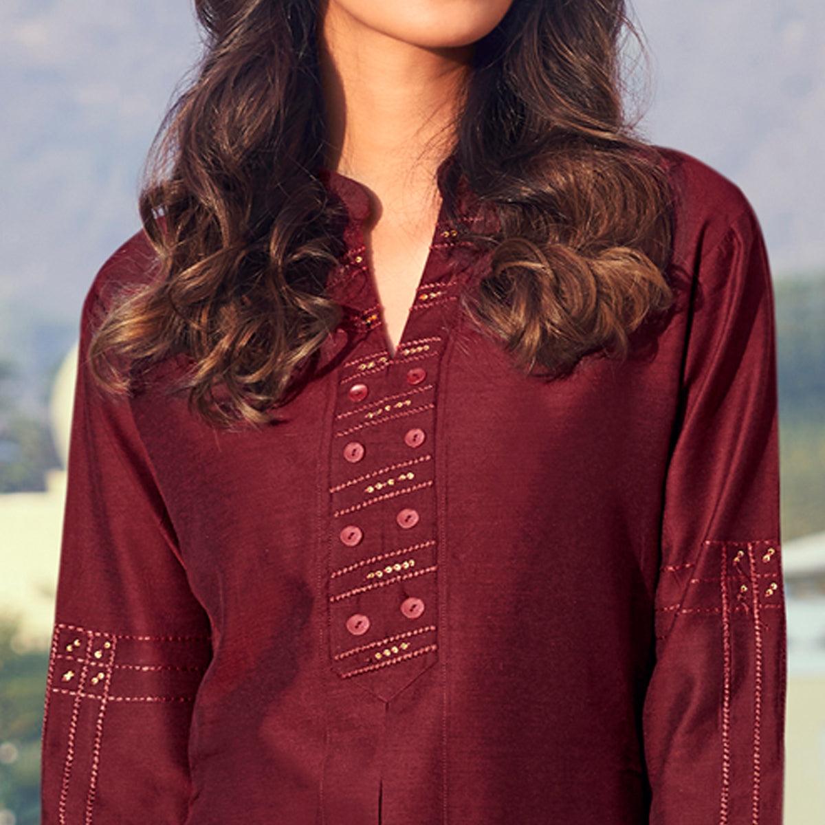 Maroon Sequence Embroidered Art Silk Kurti Pant Set - Peachmode